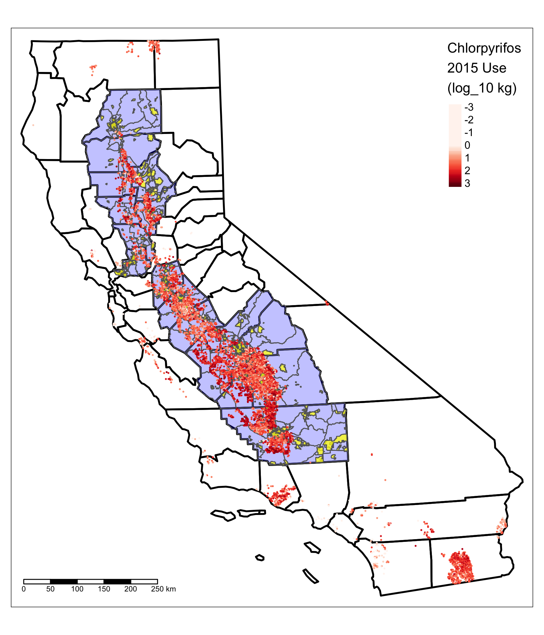 A map of California, showing the study area of the Central Valley in blue. Chlorpyrifos use is indicated by a cloud of redish points; the cloud is densest in the San Joaquin Valley.